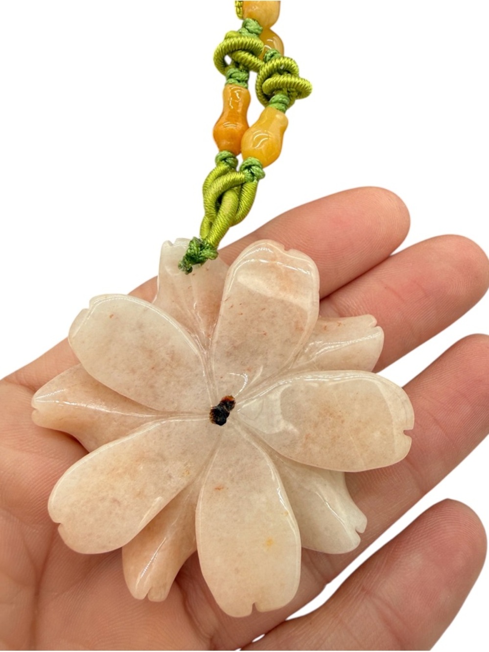 Vintage Floral Pendant Necklace Peach Jade Macrame Necklace 14”-26” - Picture 6 of 10